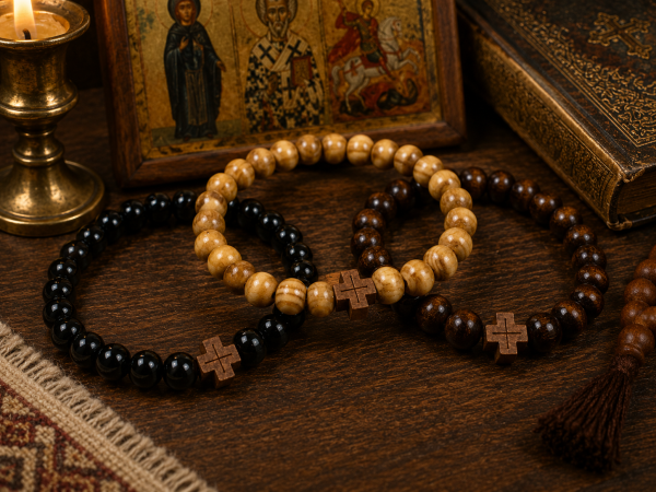 Preview: Orthodoxes Armband mit Holzperlen und Kreuz