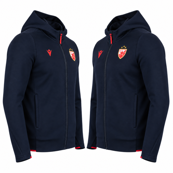 Preview: FK Crvena zvezda PRO Full-Zip Hoodie Dunkelblau 2026/27 Macron mit Kapuze und Vereinswappen