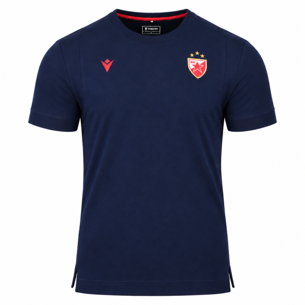 Dunkelblaues FK Crvena zvezda Reiseshirt 2026/27 Macron mit Vereinswappen und Macron Logo
