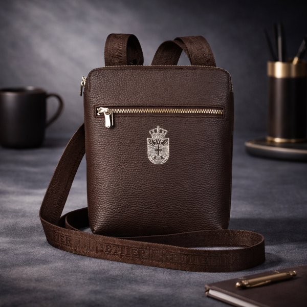 Herren Leder Umhängetasche Serbien dunkelblau mit Wappen