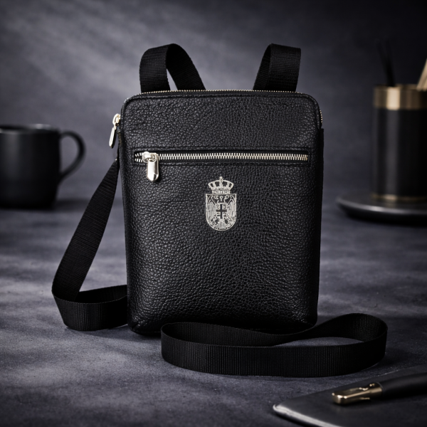 Herren Leder Umhängetasche Serbien dunkelblau mit Wappen