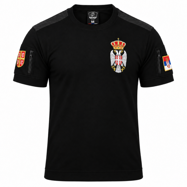 Preview: Schwarzes Premium 3 Prsta T-Shirt mit gesticktem serbischem Wappen