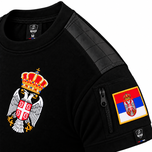 Preview: Schwarzes Premium 3 Prsta T-Shirt mit gesticktem serbischem Wappen