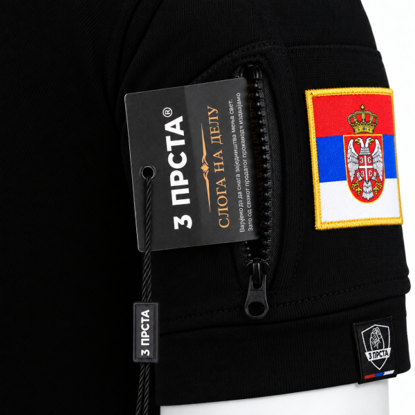 Preview: Schwarzes Premium 3 Prsta T-Shirt mit gesticktem serbischem Wappen