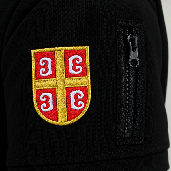 Preview: Schwarzes Premium 3 Prsta T-Shirt mit gesticktem serbischem Wappen