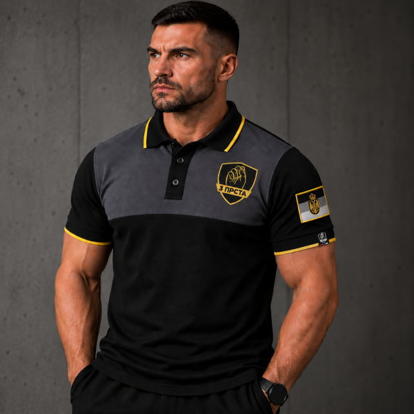 Premium 3 Prsta Poloshirt Schwarz Dunkelgrau mit goldener Stickerei und serbischem Wappen