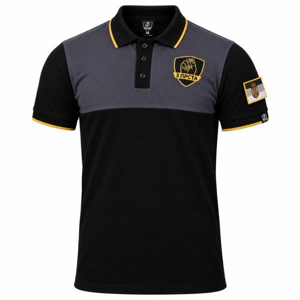 Preview: Premium 3 Prsta Poloshirt Schwarz Dunkelgrau mit goldener Stickerei und serbischem Wappen