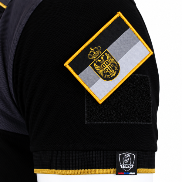 Preview: Premium 3 Prsta Poloshirt Schwarz Dunkelgrau mit goldener Stickerei und serbischem Wappen