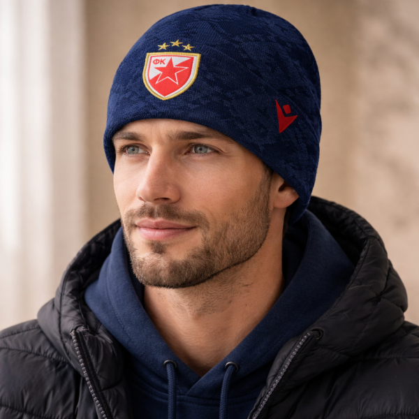 Preview: Dunkelblaue Macron Wintermütze mit Roter Stern Logo