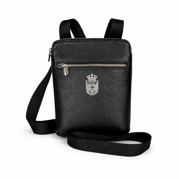 Herren Leder Umhängetasche Serbien dunkelblau mit Wappen