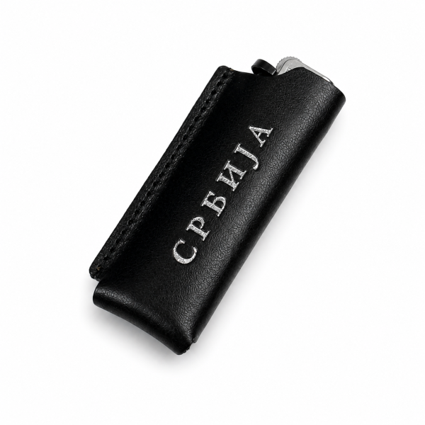 Leather lighter case Serbia black with emblem