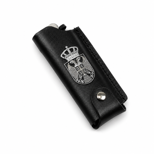 Leather lighter case Serbia black with emblem