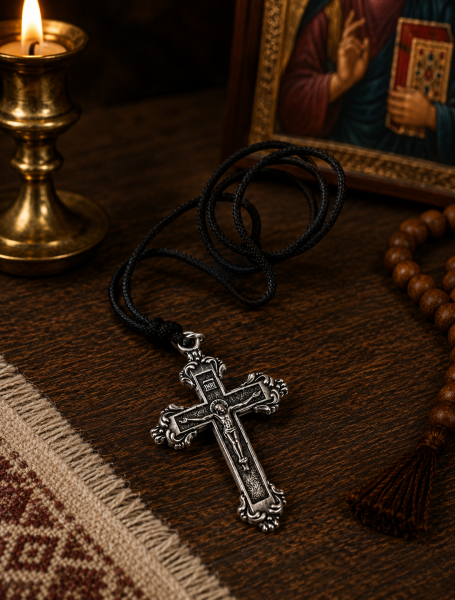 Orthodoxes Metallkreuz an schwarzer Kordel