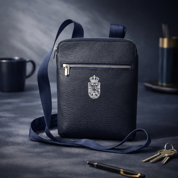 Herren Leder Umhängetasche Serbien dunkelblau mit Wappen