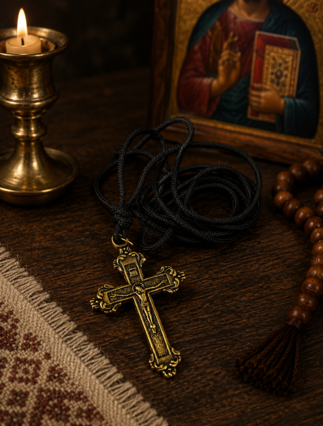 Orthodoxes Metallkreuz an schwarzer Kordel