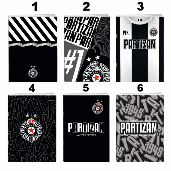 FK Partizan A4 and A5 UV varnish notebooks with assorted black and white designs