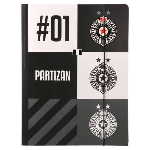 Fascikla sa gumom A4 FK Partizan u crno-belom dizajnu sa grbom