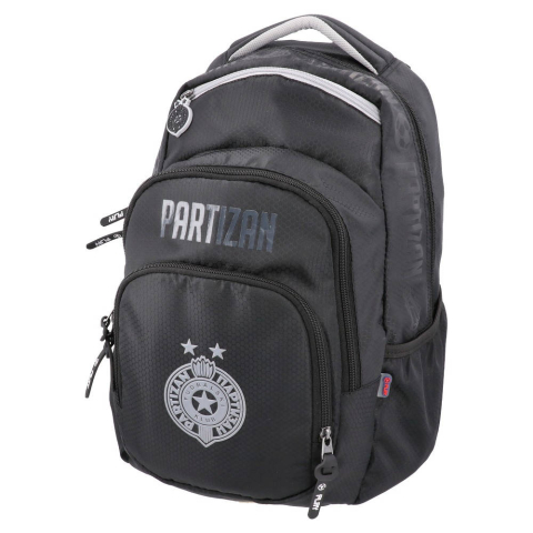 Black FK Partizan ergonomic backpack with club crest and multiple compartments