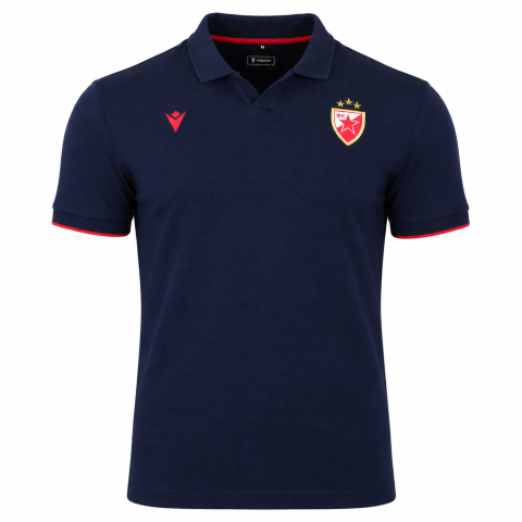 Dunkelblaues FK Crvena zvezda Poloshirt 2026/27 Macron mit roten Details und Vereinswappen