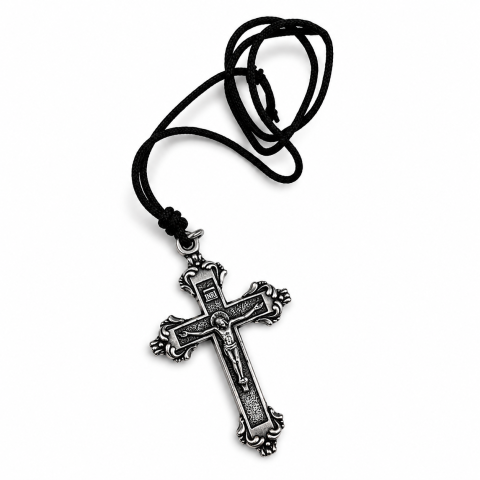 Orthodox metal cross on black cord