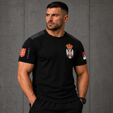Black 3 Prsta premium T-shirt with embroidered Serbian coat of arms and Serbian sleeve patches
